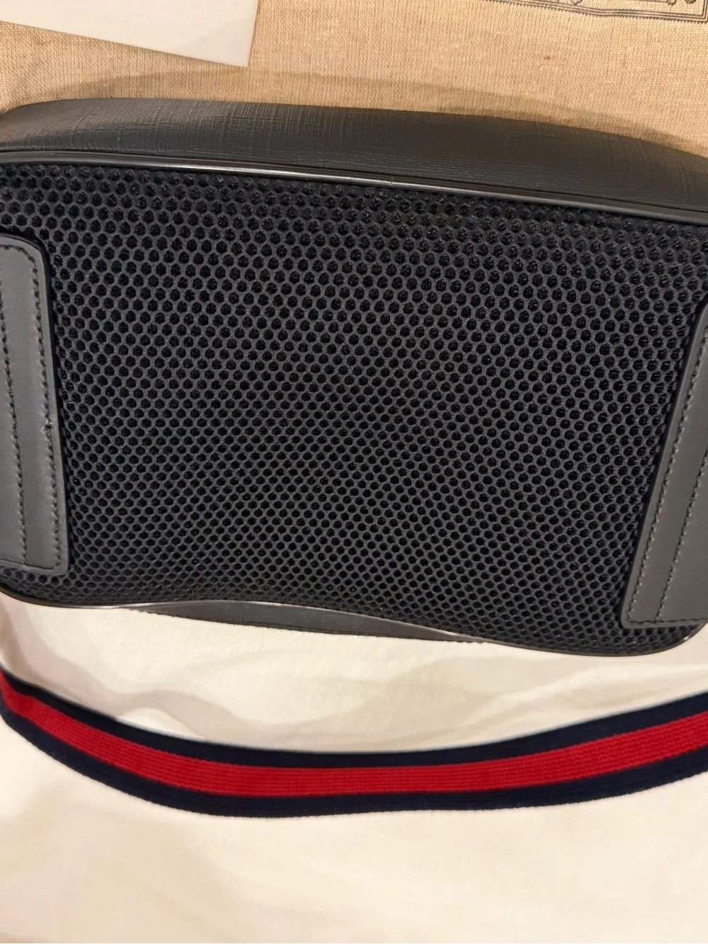 Gucci Black GG Supreme Belt Bag with Red and Navy Web Strap